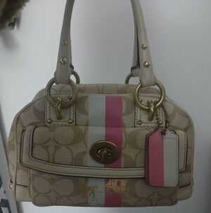 Coach Beige and Pink Stripe Satchel